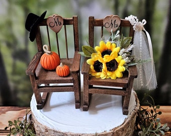 Fall wedding rocking chairs miniature chairs bride and groom pumpkins hat and veil fall theme country barn rustic wedding cake topper ivory