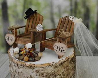 Roasting marshmallows wedding cake topper camping s'mores themed fire pit wedding marshmallow on sticks Mr&Mrs wedding signs country wedding