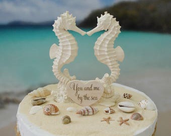 Seahorse wedding cake topper bride and groom beach themed wedding destination ocean nautical beach cake topper seashells ivory kissing
