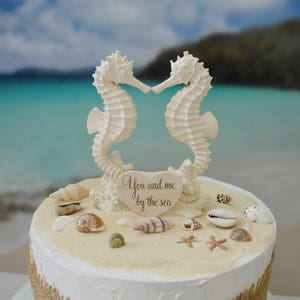 Seahorse wedding cake topper bride and groom beach themed wedding destination ocean nautical beach cake topper seashells ivory kissing