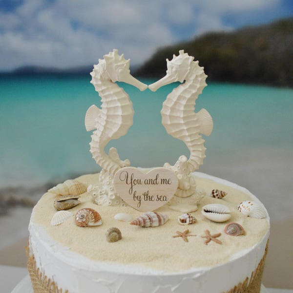 Seahorse wedding cake topper bride and groom beach themed wedding destination ocean nautical beach cake topper seashells ivory kissing