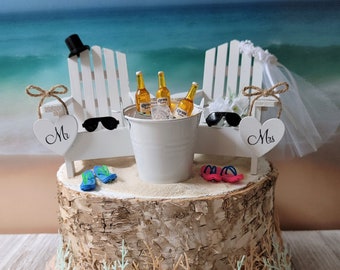 Beach wedding cake topper beach theme nautical destination bride and groom Adirondack chairs beach chairs beer bucket miniature small chairs