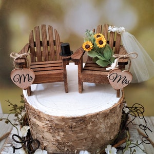 country wedding sunflower cake topper Adirondack chairs miniature small wood chairs rustic barn Fall autumn theme camping Mr and Mrs