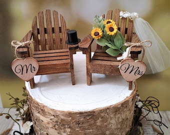 country wedding sunflower cake topper Adirondack chairs miniature small wood chairs rustic barn Fall autumn theme camping Mr and Mrs