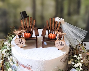 Fall themed miniature Adirondack chairs wedding cake topper for small 6" cake 5 inch pumpkins fall weddings rustic country theme campfire