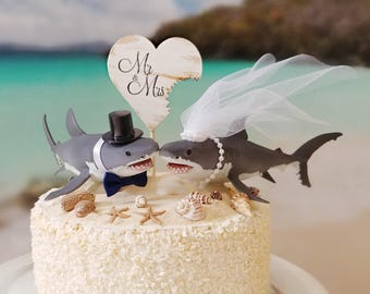 shark wedding cake topper great white lover bride and groom San Jose sharks mascot beach nautical themed cake topper destination tropical