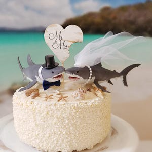 shark wedding cake topper great white lover bride and groom San Jose sharks mascot beach nautical themed cake topper destination tropical