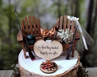 Hunting themed wedding cake topper 2 guns bride groom rifle antlers deer hunter camo wood chairs deer rack buck doe decorations gun cake