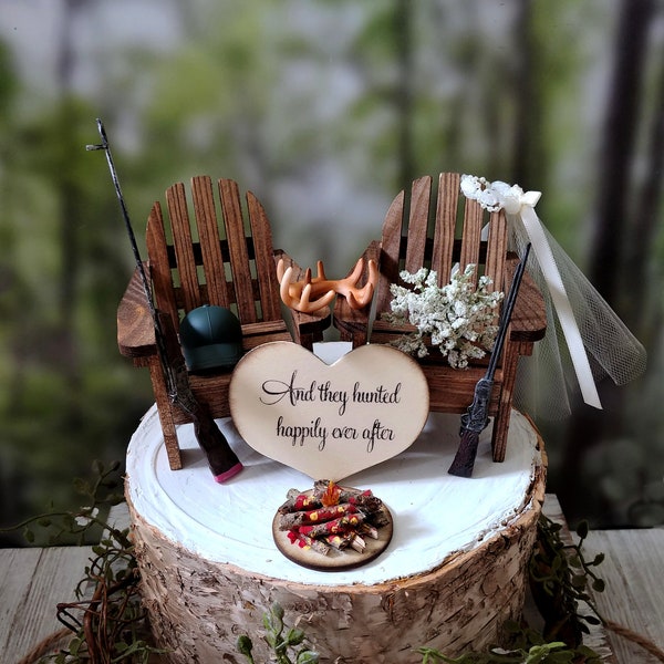 Hunting themed wedding cake topper 2 guns bride groom rifle antlers deer hunter camo wood chairs deer rack buck doe decorations gun cake