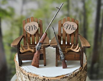 Hunting themed wedding cake topper bride groom hunters shotguns rifle antler rack Adirondack chairs camping fishing camouflage deer hunter