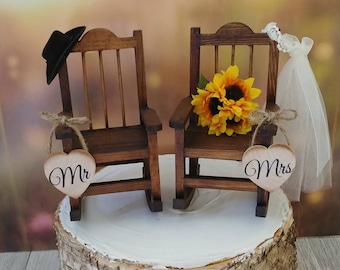 Rustic wedding wood rocking chairs with sunflower bouquet camping country wedding barn themed sunflower Mr and Mrs bride and groom camp fire