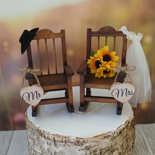 Rustic wedding wood rocking chairs with sunflower bouquet camping country wedding barn themed sunflower Mr and Mrs bride and groom camp fire