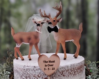 Deer buck and doe hunting theme wedding cake topper The hunt is over sign deer hunter antler camoflauge small cake deer lover bride groom