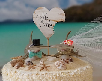 Hammerhead shark wedding cake topper beach nautical fisherman themed cake topper seashells shark lover bride and groom sharks mascot