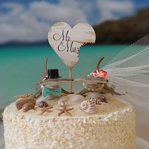 Hammerhead shark wedding cake topper beach nautical fisherman themed cake topper seashells shark lover bride and groom sharks mascot