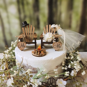 Miniature Adirondack chairs wedding cake topper campfire camping outdoor roasting marshmallows fire pit rustic coffee cups small wood chairs