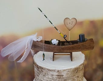 Canoe-boat-wedding-cake topper-rustic-fishing-woodland-fisherman-row boat-bride-groom-Mr and Mrs-country-hunting-camo-custom-ivory veil