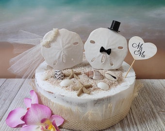 May include: A white wedding cake decorated with sand dollars, seashells, and starfish. The cake topper features two sand dollars, one with a black bow tie and a black top hat, and the other with a white veil. A wooden heart sign with the text "Mr. & Mrs." is also included.