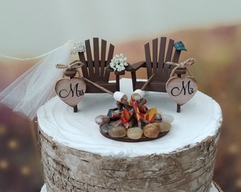 Roasting marshmallows small wedding cake topper hunting camping campfire Adirondack chairs 6 inch cake bride and groom country barn wedding