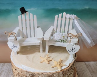 Adirondack chairs miniature white beach chairs beach wedding cake topper beer nautical destination wedding Mr Mrs sign tropical decorations