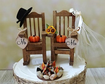 fall autumn themed wedding cake topper pumpkin sunflower bride and groom rustic rocking chairs Mr&Mrs Thanksgiving wedding 6 inch cake