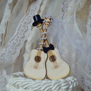 Guitar wedding cake topper-musician-ivory veil-ivory-wedding cake topper-guitar-music-instrument-musical-guitar wedding-rock star