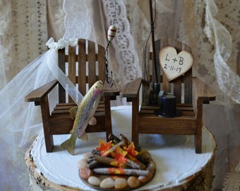 Fishing wedding cake topper rainbow trout bride groom camping campfire outdoors lake house wood chairs rustic country wedding personalized