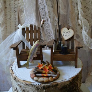 Fishing wedding cake topper rainbow trout bride groom camping campfire outdoors lake house wood chairs rustic country wedding personalized