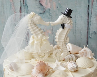 Seahorse wedding cake topper-ivory seahorse-beach wedding-beach theme-destination wedding-seahorse bride and groom-kissing seahorse-nautical