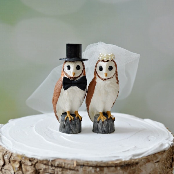 snow owl-barn owl-barn-wedding-cake topper-county wedding-owl lover-bride and groom-fall-winter-clay-ivory veil-rustic-Mr and Mrs-owl topper