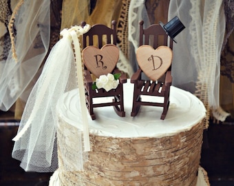 Chair-western-rocking chair-country-wedding-cake topper-rustic-anniversary-bride-groom-initials-wedding sign-ivory veil-miniature-hunting