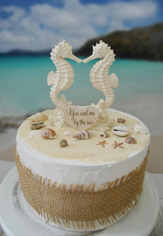 Seahorse wedding cake topper bride and groom beach themed wedding destination ocean nautical beach cake topper seashells ivory kissing