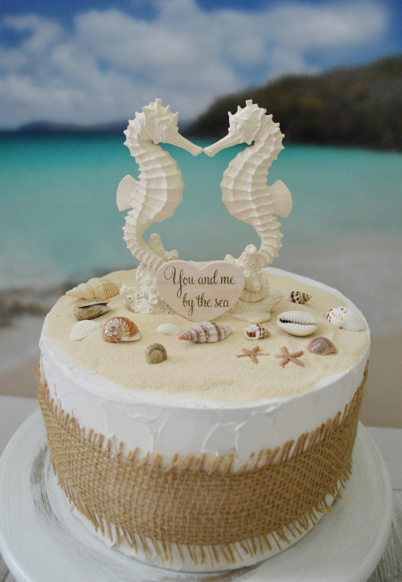 Seahorse Wedding Cake Topper Bride And Groom Beach Themed Wedding Destination Ocean Nautical Beach Cake Topper Seashells Ivory Kissing