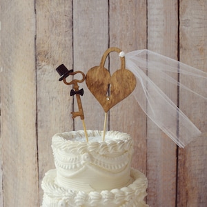 Weddings cake toppers rustic wood heart Mr and Mrs key to my heart sign skeleton key vintage inspired bride groom unique lock and key decor image 2