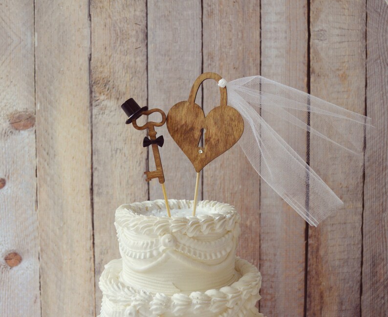 Weddings cake toppers rustic wood heart Mr and Mrs key to my heart sign skeleton key vintage inspired bride groom unique lock and key decor image 2