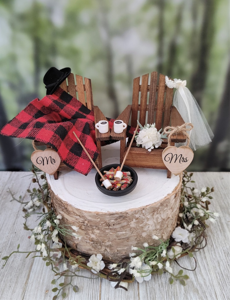 Fall themed Christmas themed wedding cake topper hunting camping Adirondack miniature chairs roasting marshmallows coffee hot chocolate cups image 10