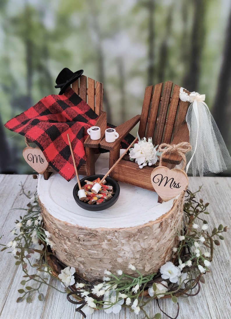 Fall themed Christmas themed wedding cake topper hunting camping Adirondack miniature chairs roasting marshmallows coffee hot chocolate cups image 2