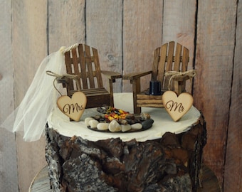 Country Adirondack chair wedding cake topper camping fishing lake themed wedding tent hunting groom campfire bride and groom Mr and Mrs sign