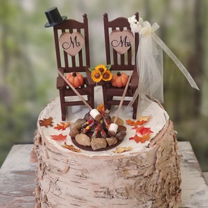 fall autumn themed wedding cake topper pumpkin country bride and groom rustic rocking chairs Mr&Mrs Thanksgiving wedding 6 inch cake image 8