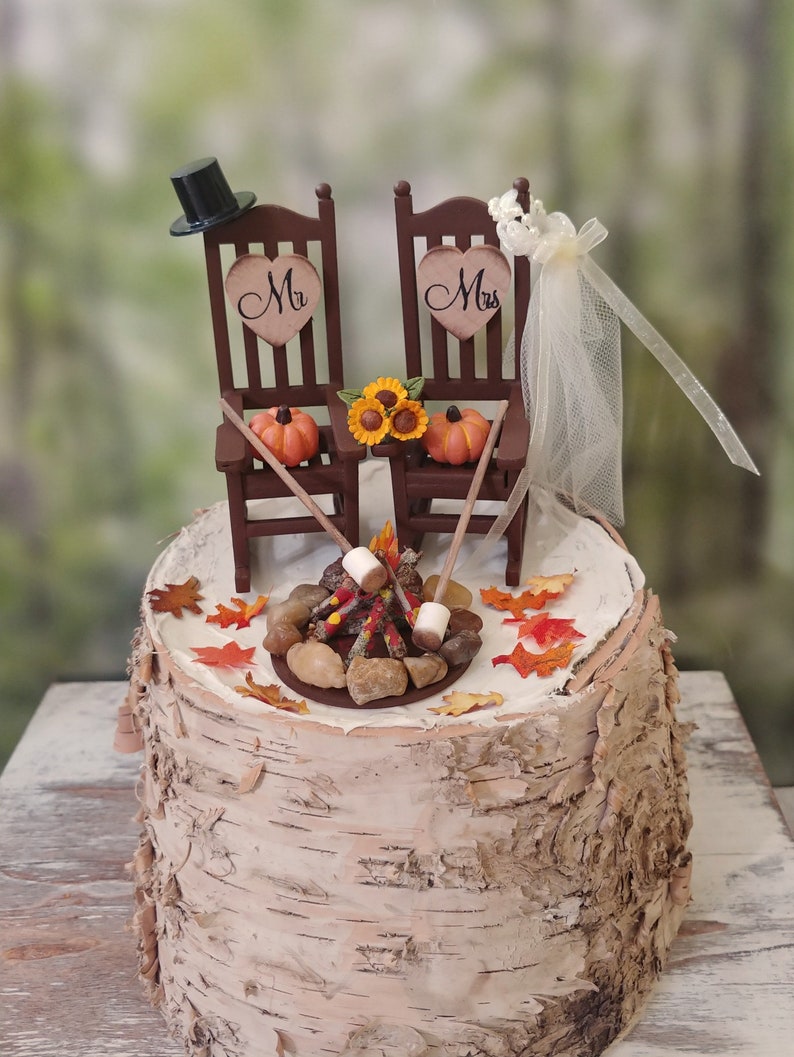 fall autumn themed wedding cake topper pumpkin country bride and groom rustic rocking chairs Mr&Mrs Thanksgiving wedding 6 inch cake image 8