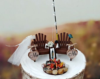 fishing bride and groom wedding cake topper for 6 inch cake fishing pole rod fire fish groom's cake country rustic wedding topper camping