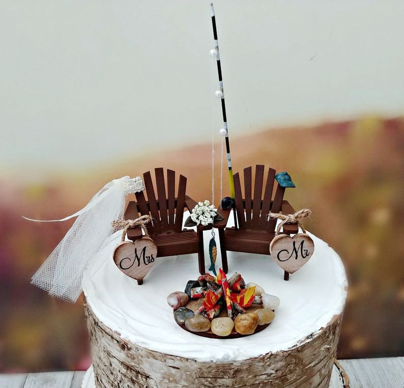 Fishing Bride and Groom Wedding Cake Topper for 6 Inch Cake Fishing Pole  Rod Fire Fish Groom's Cake Country Rustic Wedding Topper Camping -   Hong Kong