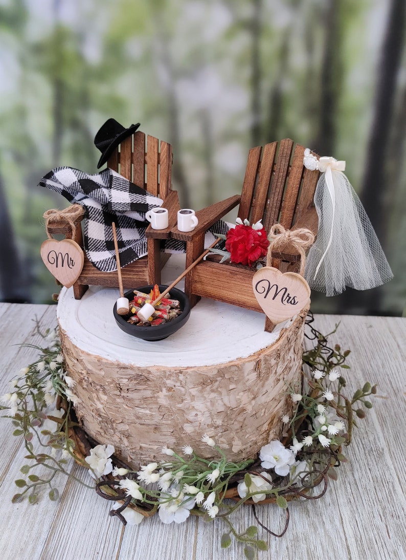 Fall themed Christmas themed wedding cake topper hunting camping Adirondack miniature chairs roasting marshmallows coffee hot chocolate cups image 8