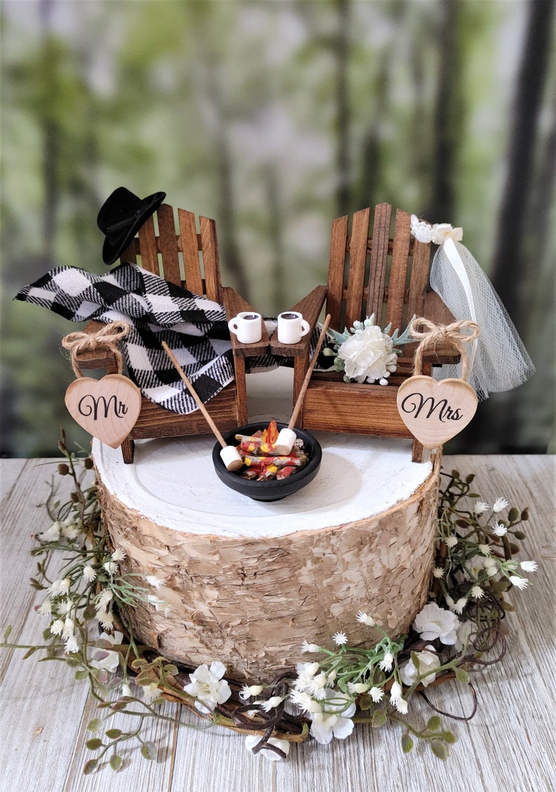 Fall themed Christmas themed wedding cake topper hunting camping Adirondack miniature chairs roasting marshmallows coffee hot chocolate cups image 5