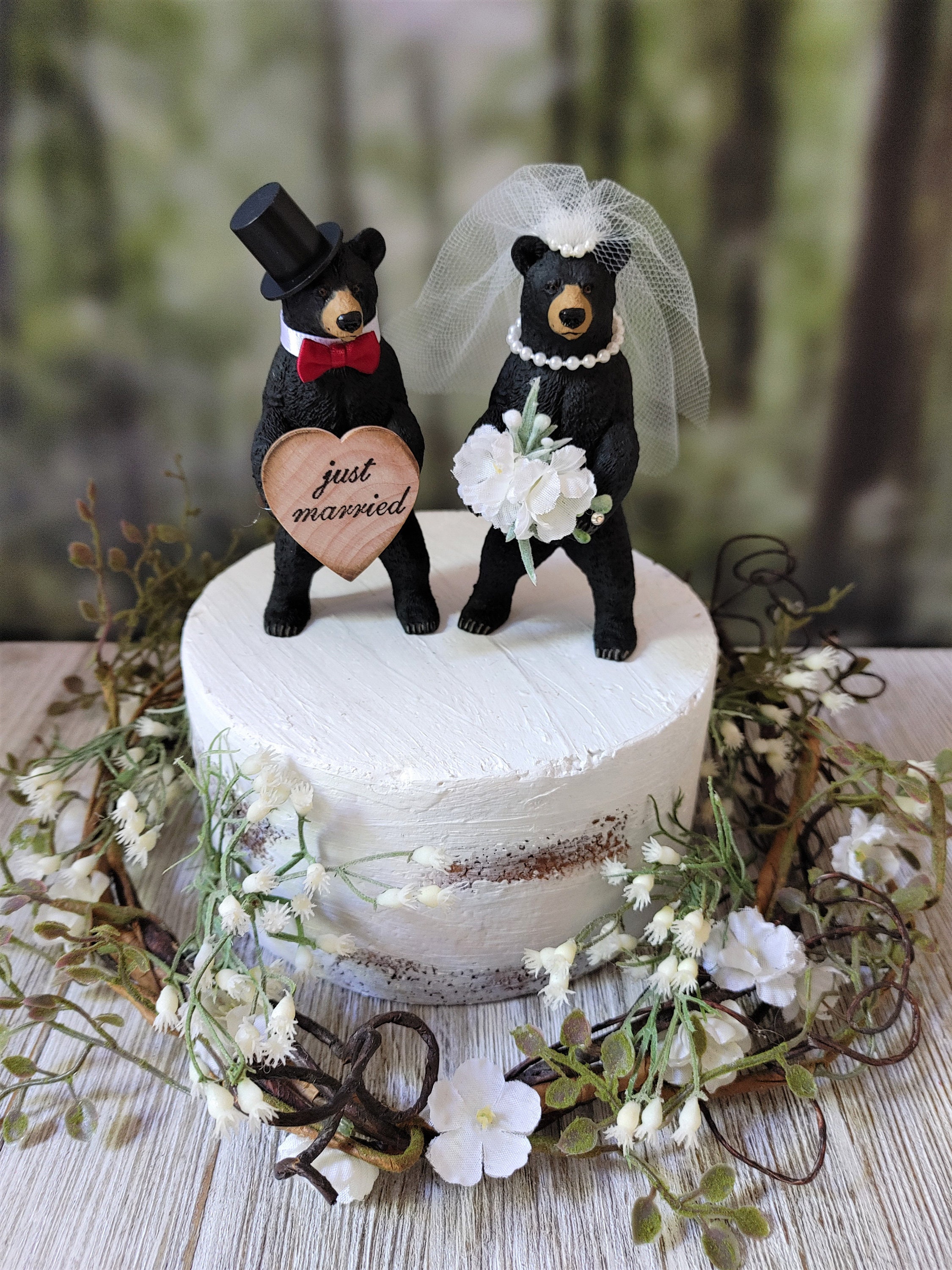 Black Bear Wedding Cake Topper Wood Heart Personalized Animal 