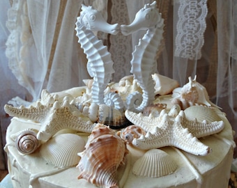 Seahorse-beach themed-wedding cake topper-white-beach wedding-destination wedding-nautical-seahorse-bride and groom-sea shell-starfish