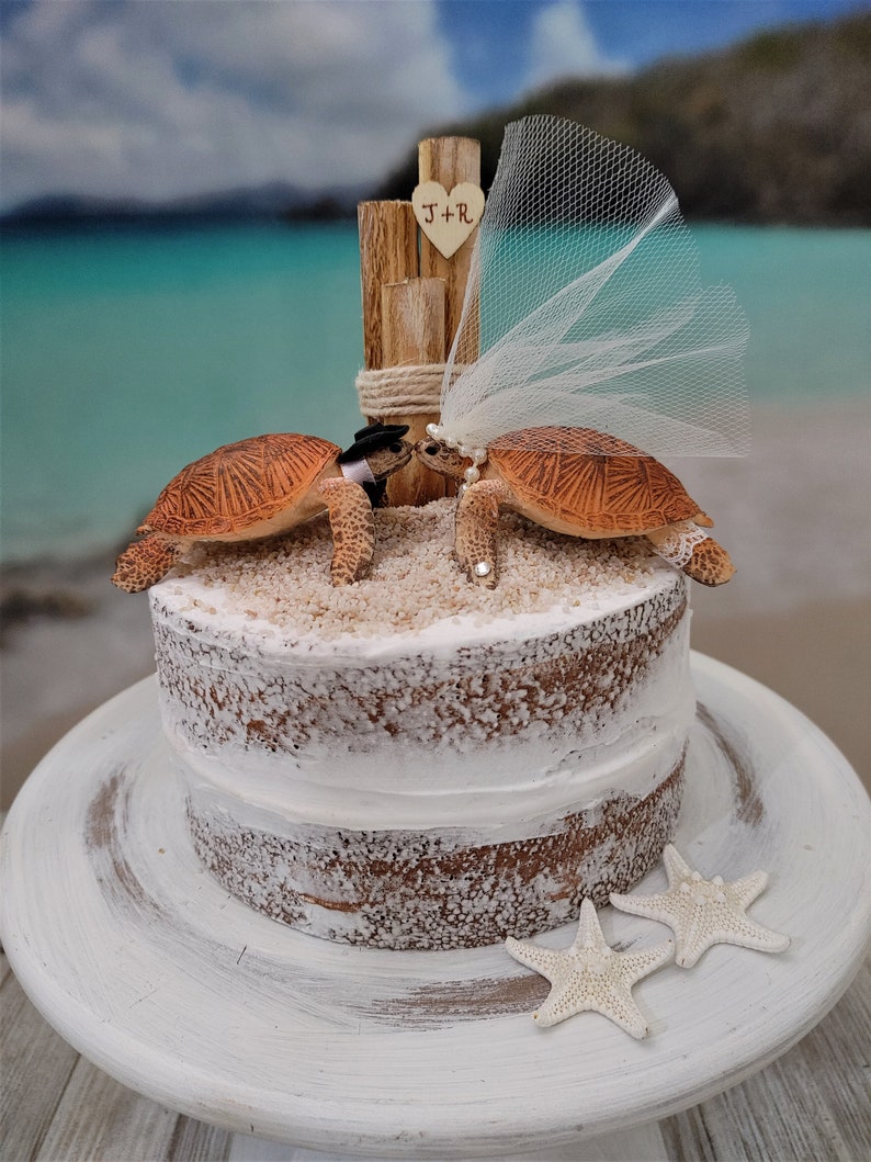 Sea turtle-bride-groom-Mr and Mrs-wedding-cake topper-beach-destination-turtle-ocean-turtle lover-starfish-grooms cake-woodland-animal image 6