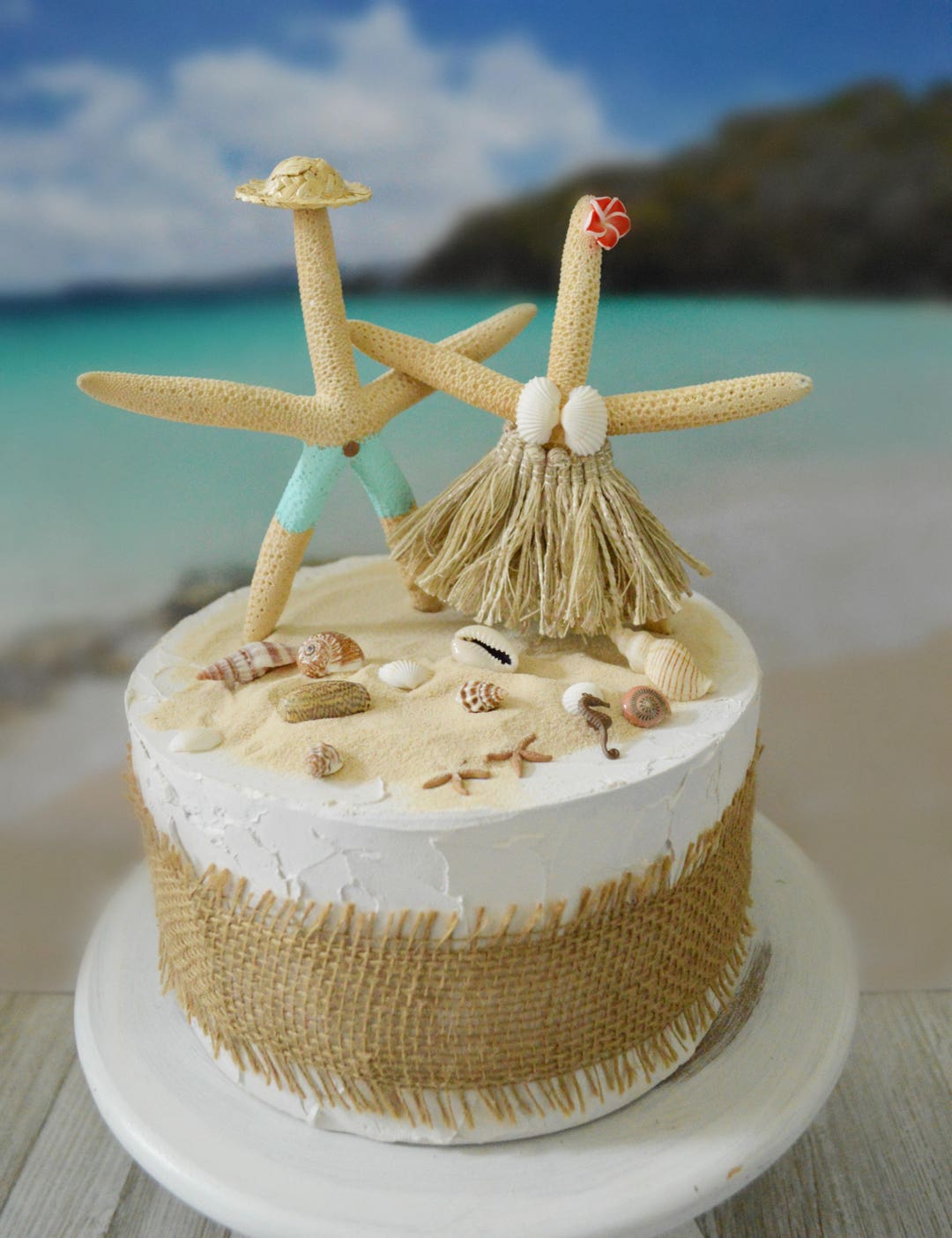 Nautical Beach Themed Wedding Cake Topper Starfish Decorated Bride and ...
