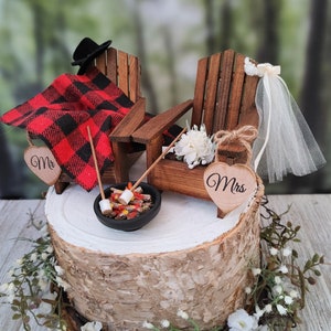 Fall themed Christmas themed wedding cake topper hunting camping Adirondack miniature chairs roasting marshmallows coffee hot chocolate cups image 7