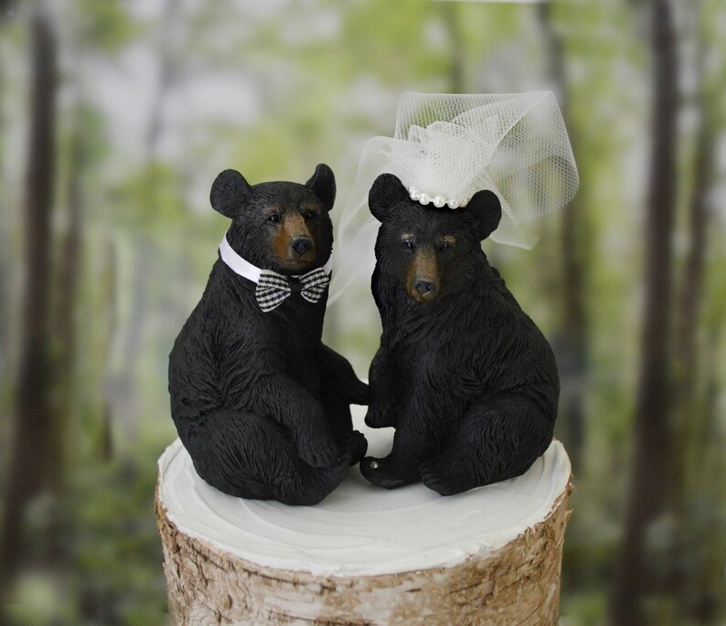 Black bear bride and groom wedding cake topper animal bear